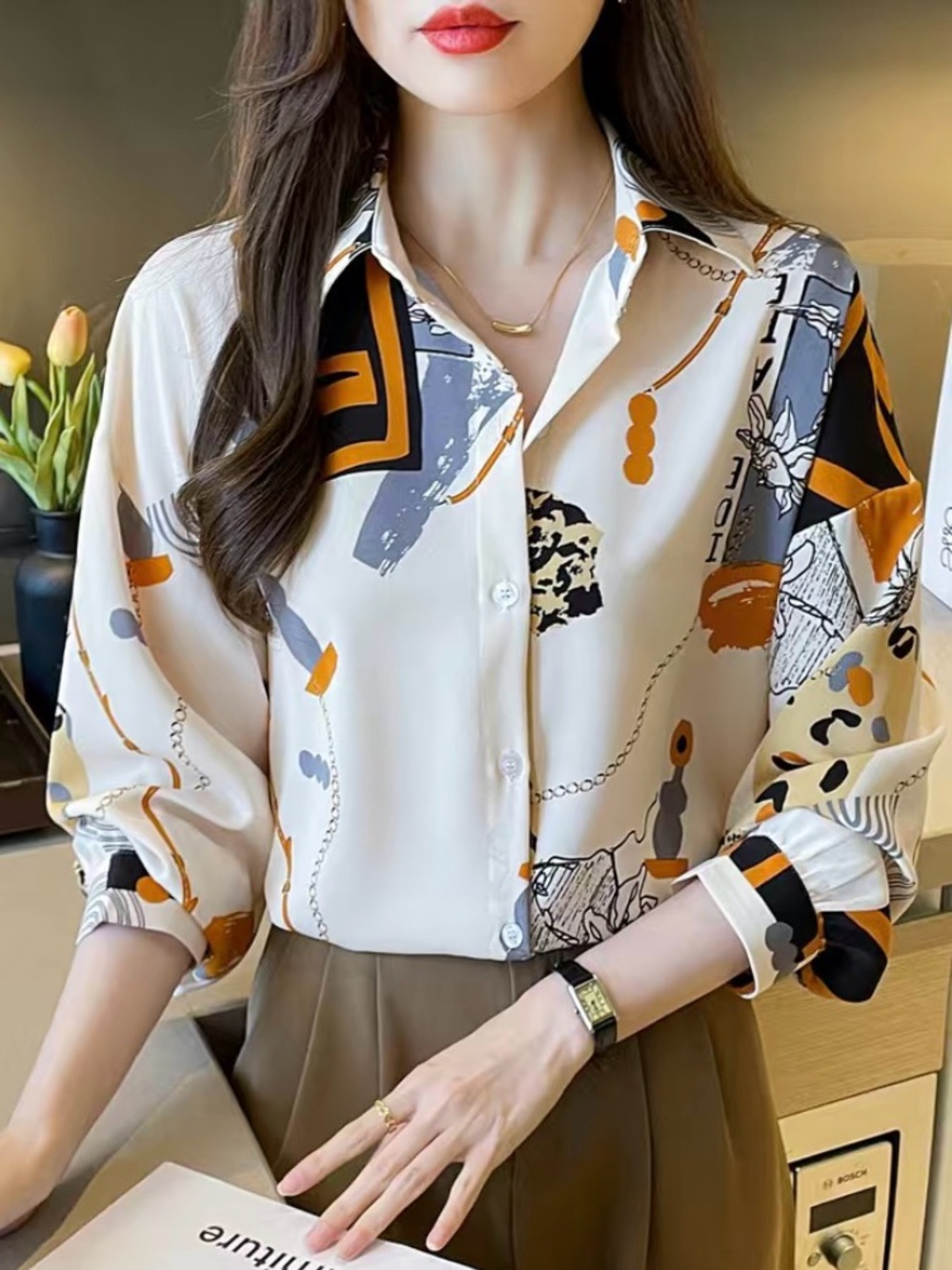 YesStyle Geometric Chain Print Old Money Cream Blouse